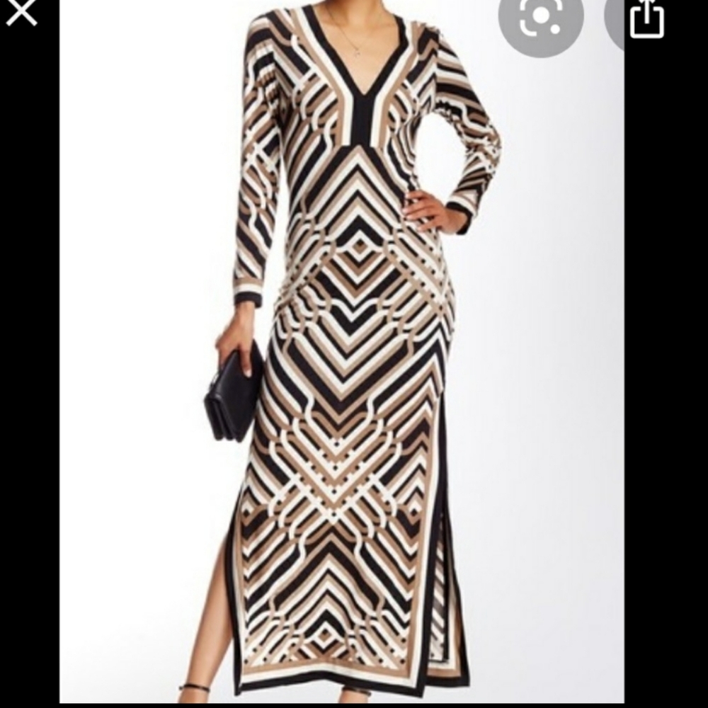 Trina Turk ‘Finn’ Long Sleeve Jersey Geometric Black Brown White Maxi Dress 4